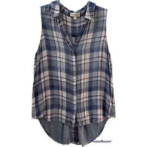 Anthropologie Cloth & Stone Womens Large Sleeveless Button Tunic Blue Pink Plaid